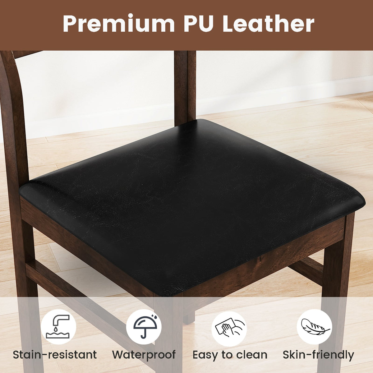 Wooden Dining Chair Set of 2 with PU Leather Padded Seat and Rubber Wood Frame-Walnut-Dining Chairs-DECOROLALA