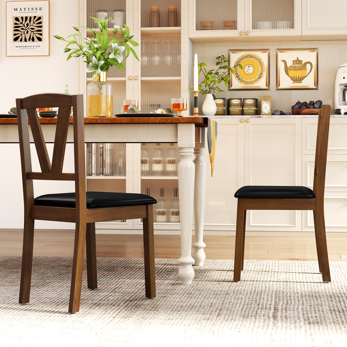 Wooden Dining Chair Set of 2 with PU Leather Upholstered and Rubber Wood Frame-Brown-Dining Chairs-DECOROLALA
