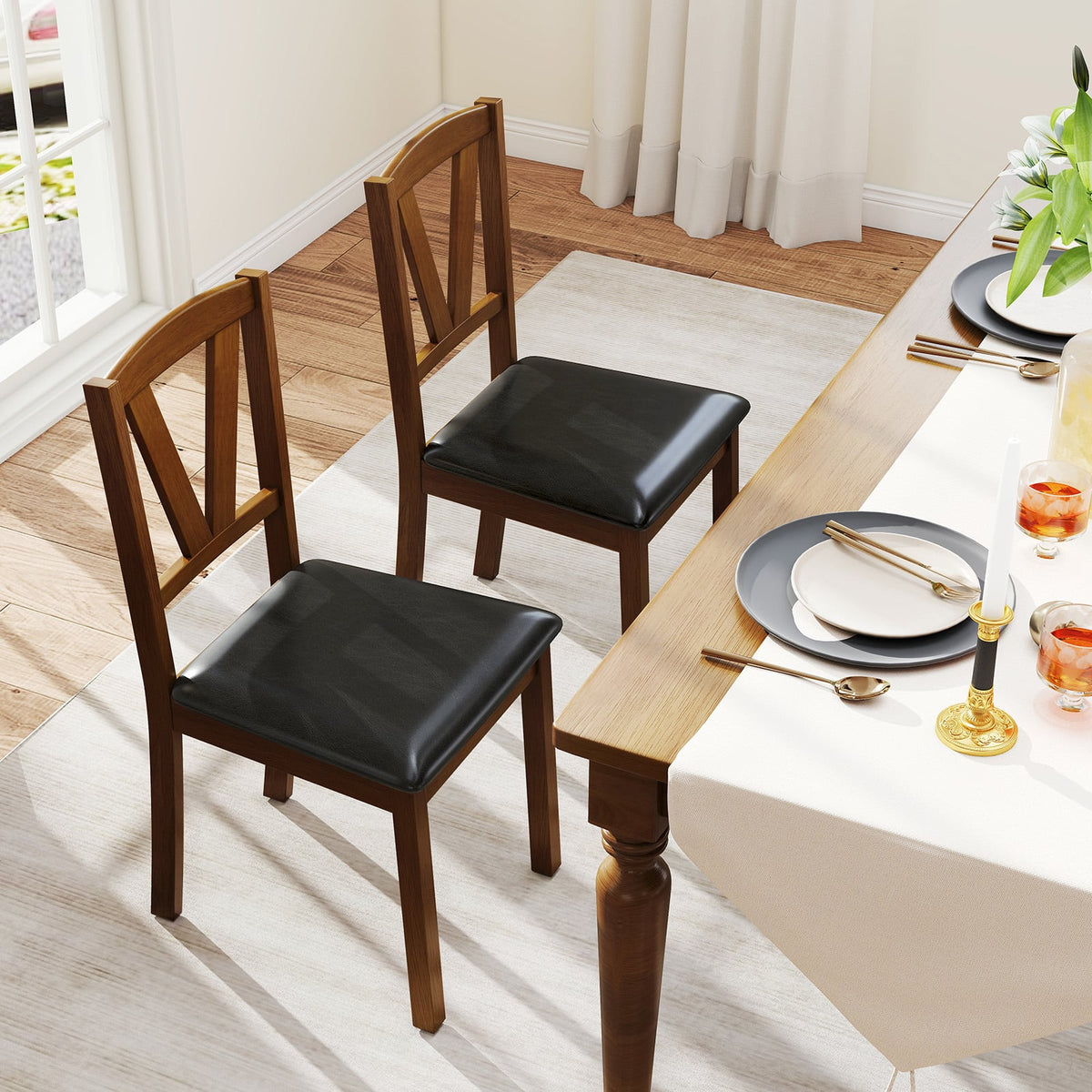Wooden Dining Chair Set of 2 with PU Leather Upholstered and Rubber Wood Frame-Brown-Dining Chairs-DECOROLALA
