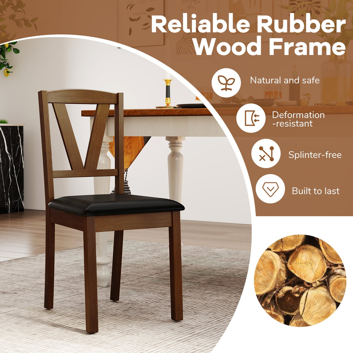 Wooden Dining Chair Set of 2 with PU Leather Upholstered and Rubber Wood Frame-Brown-Dining Chairs-DECOROLALA