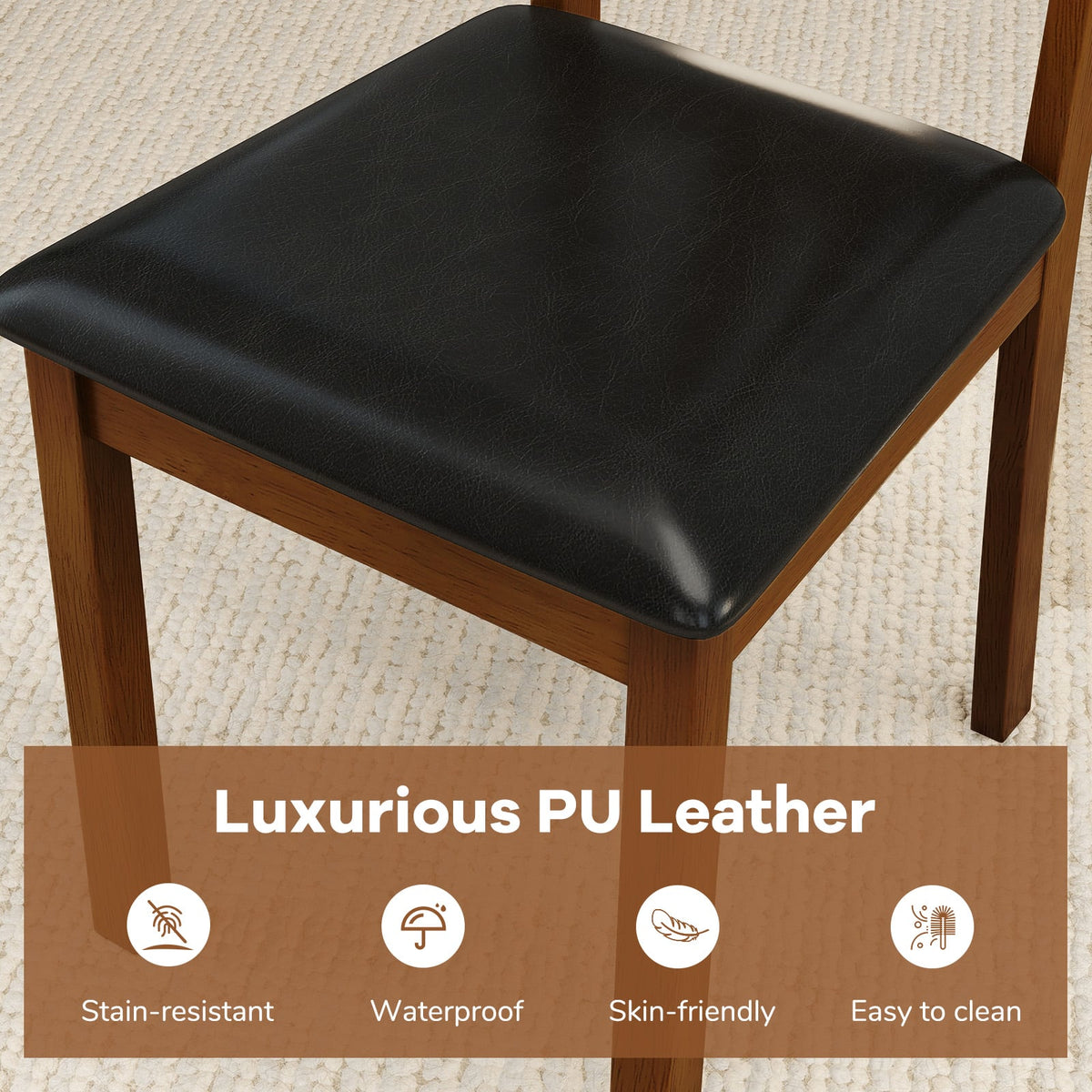 Wooden Dining Chair Set of 2 with PU Leather Upholstered and Rubber Wood Frame-Brown-Dining Chairs-DECOROLALA