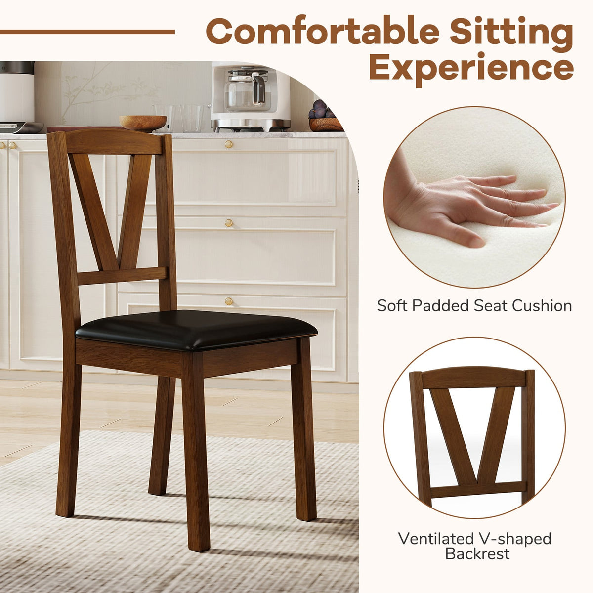 Wooden Dining Chair Set of 2 with PU Leather Upholstered and Rubber Wood Frame-Brown-Dining Chairs-DECOROLALA