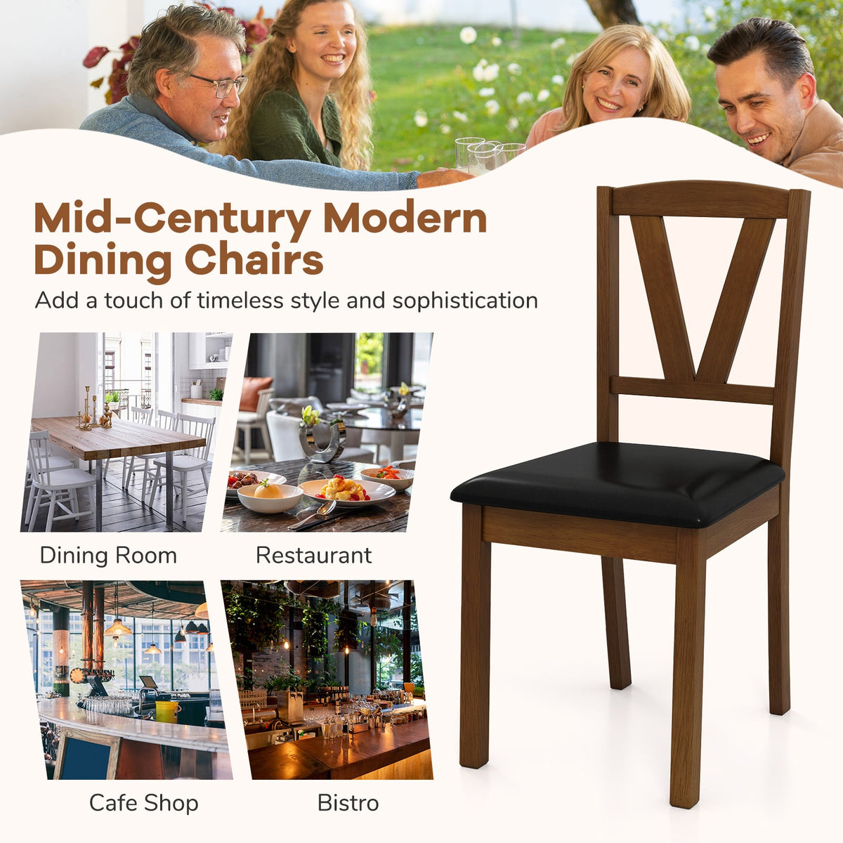 Wooden Dining Chair Set of 2 with PU Leather Upholstered and Rubber Wood Frame-Brown-Dining Chairs-DECOROLALA
