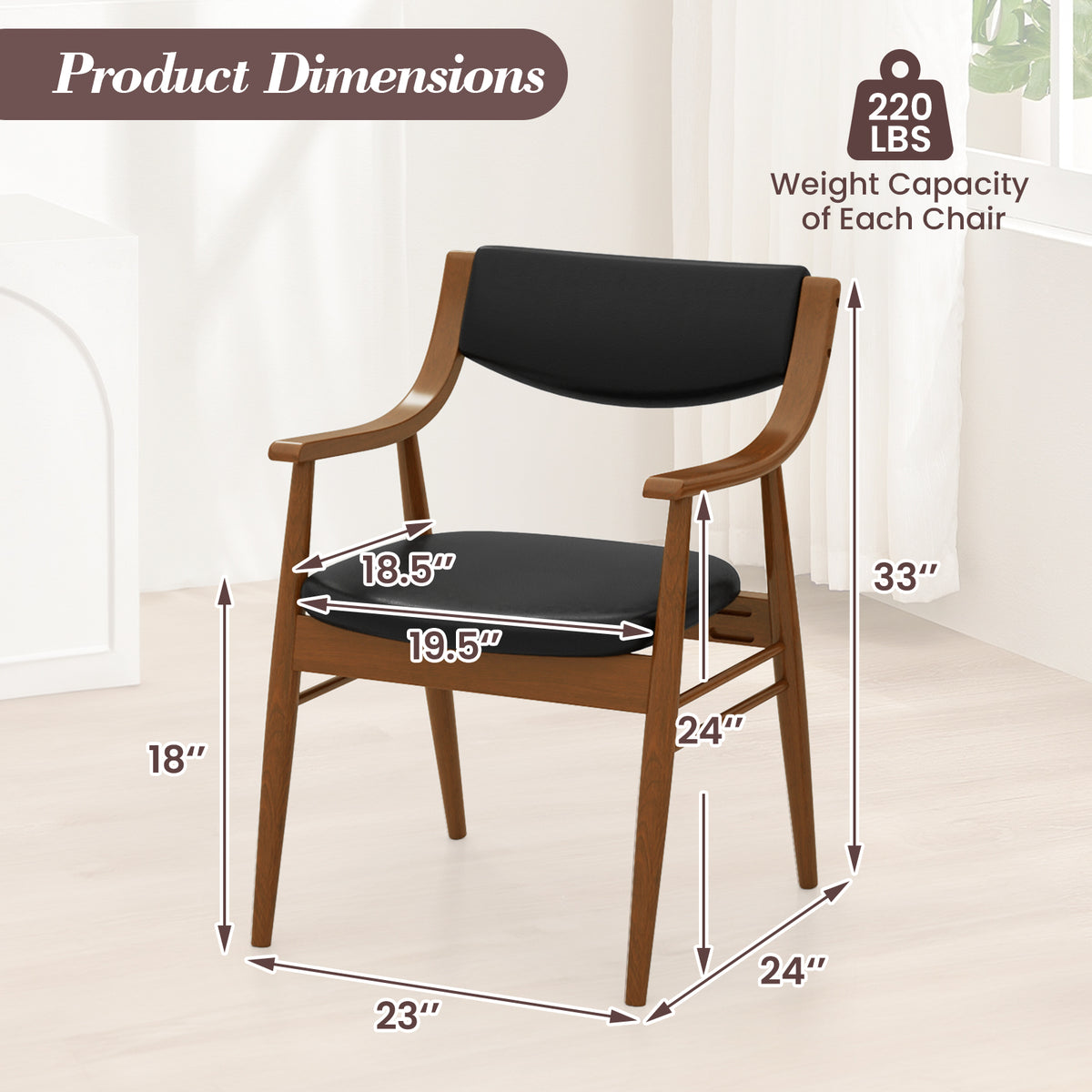 Wooden Dining Chair Set of 2 with Padded Seat and Back-Black-Dining Chairs-DECOROLALA