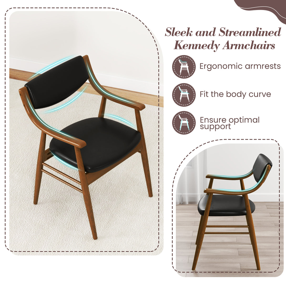 Wooden Dining Chair Set of 2 with Padded Seat and Back-Black-Dining Chairs-DECOROLALA