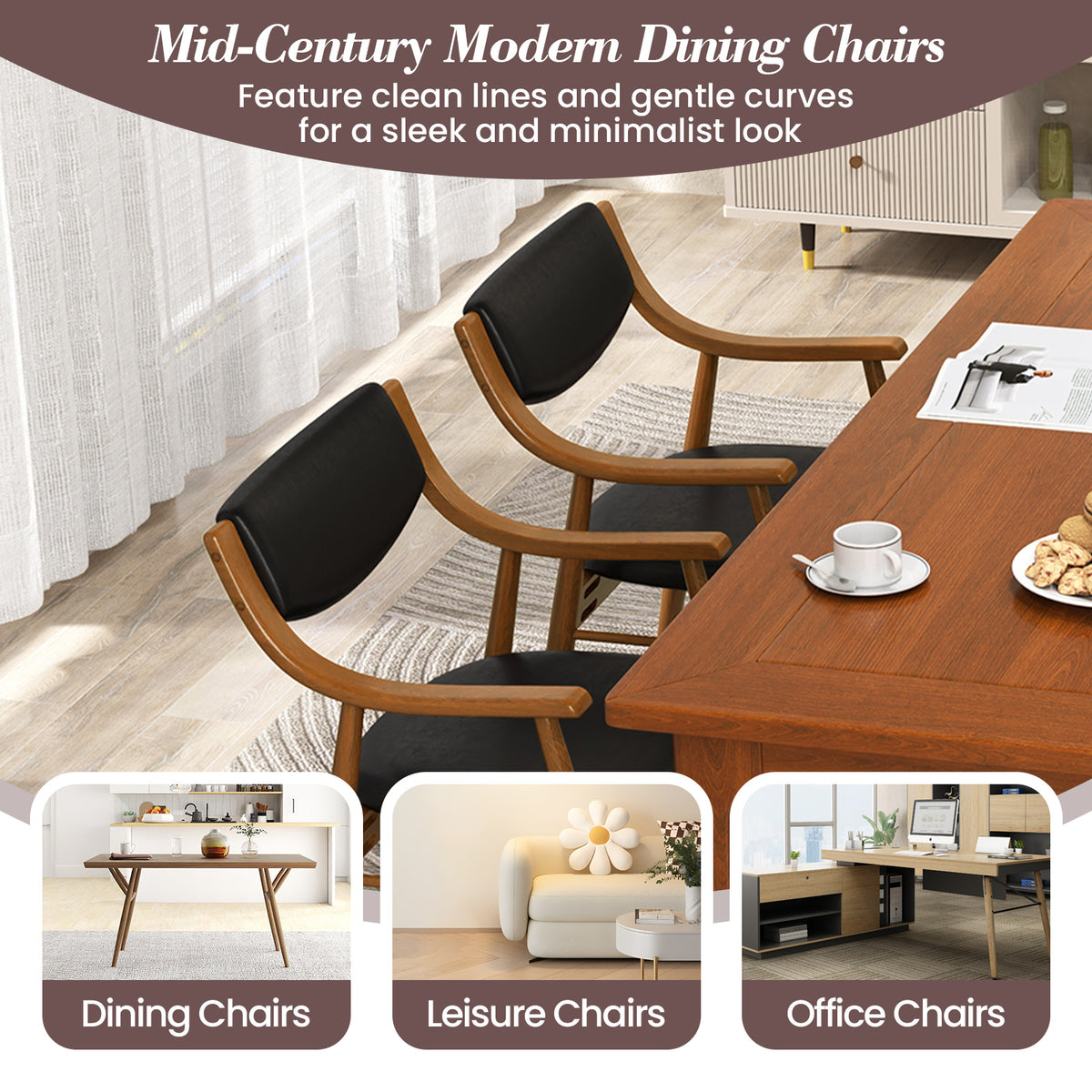 Wooden Dining Chair Set of 2 with Padded Seat and Back-Black-Dining Chairs-DECOROLALA