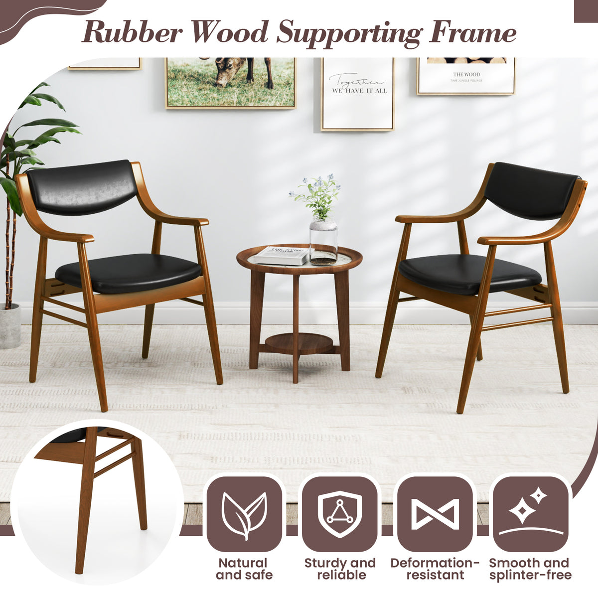 Wooden Dining Chair Set of 2 with Padded Seat and Back-Black-Dining Chairs-DECOROLALA