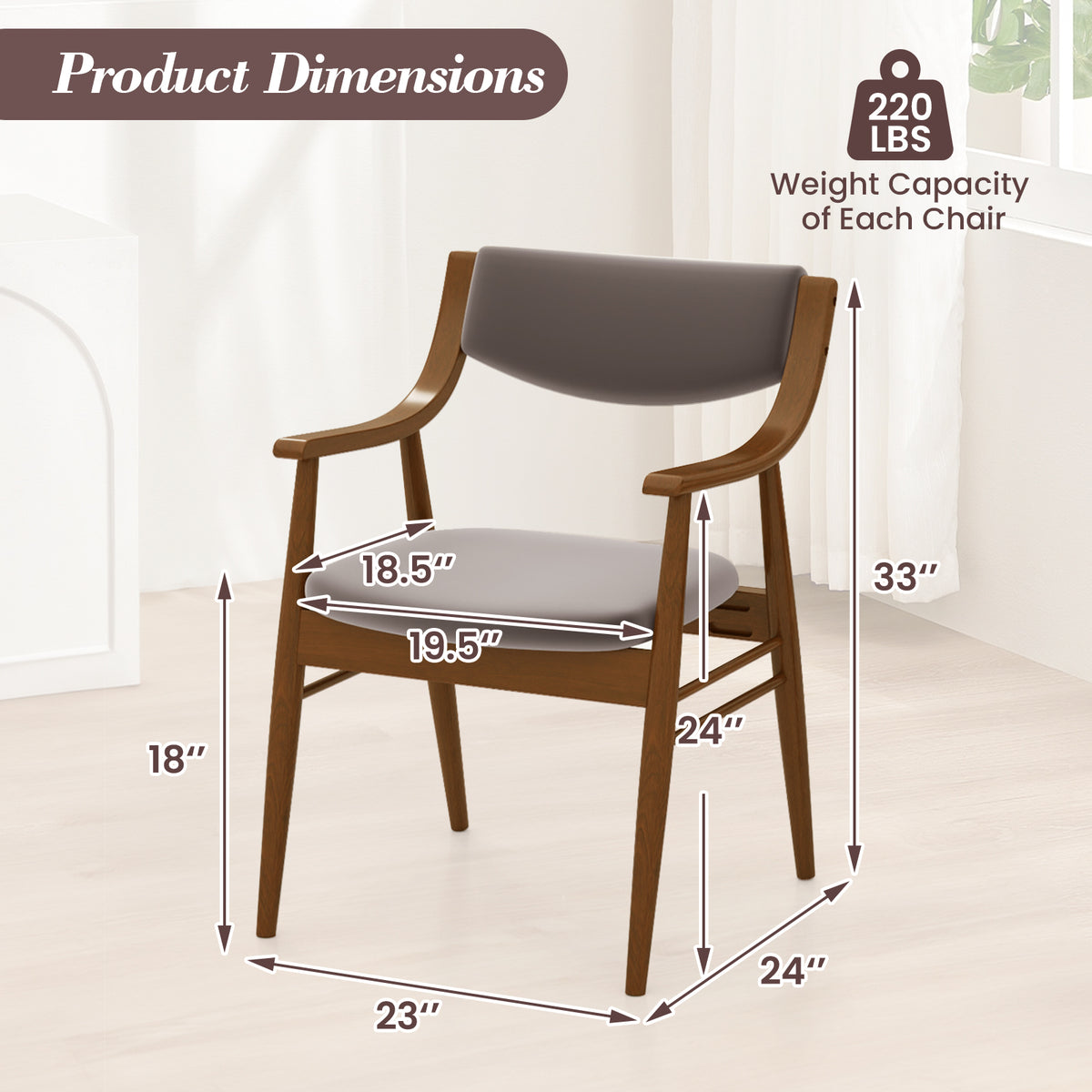 Wooden Dining Chair Set of 2 with Padded Seat and Back-Walnut-Dining Chairs-DECOROLALA