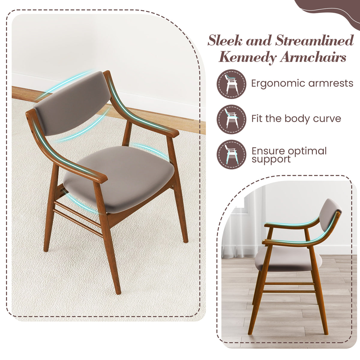 Wooden Dining Chair Set of 2 with Padded Seat and Back-Walnut-Dining Chairs-DECOROLALA