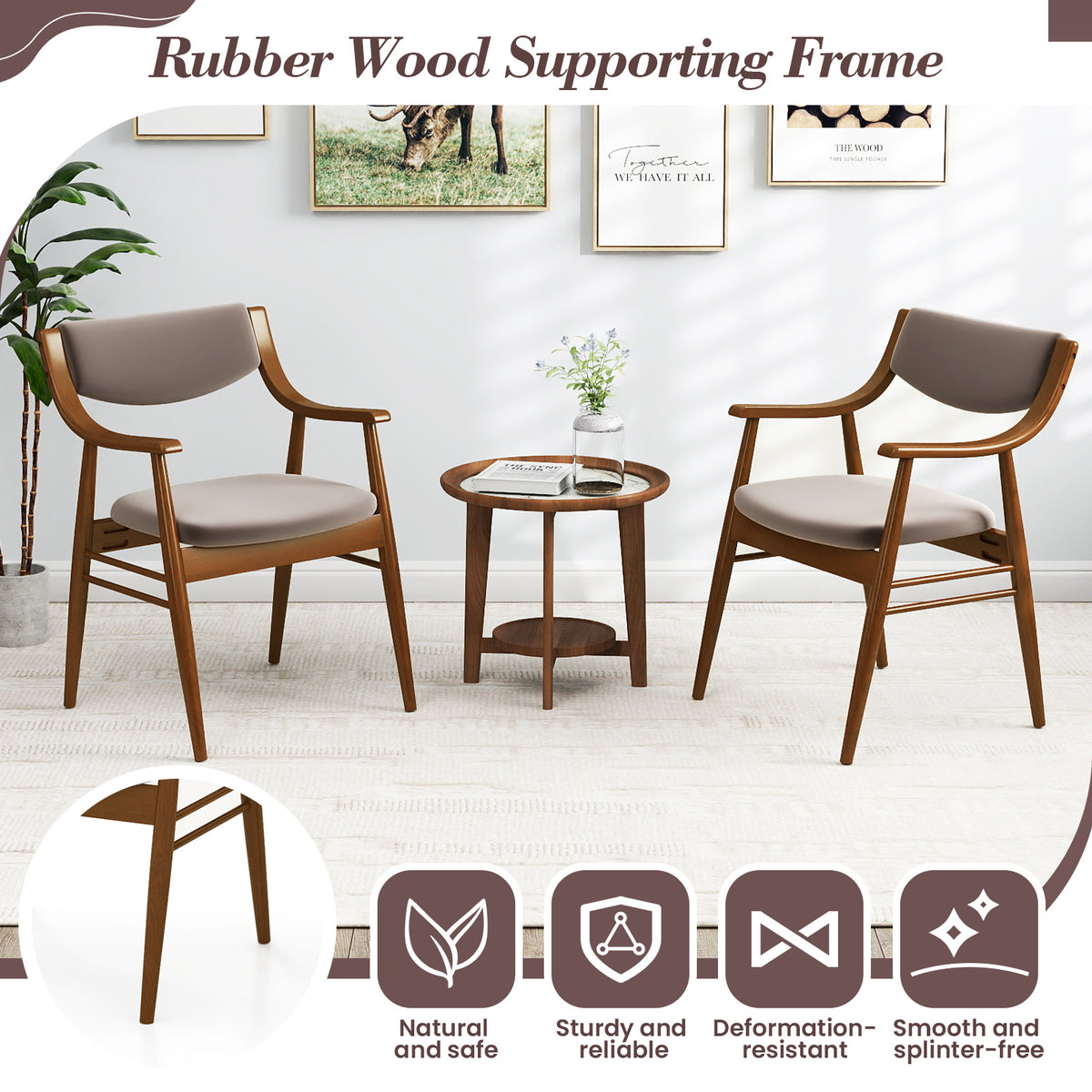Wooden Dining Chair Set of 2 with Padded Seat and Back-Walnut-Dining Chairs-DECOROLALA