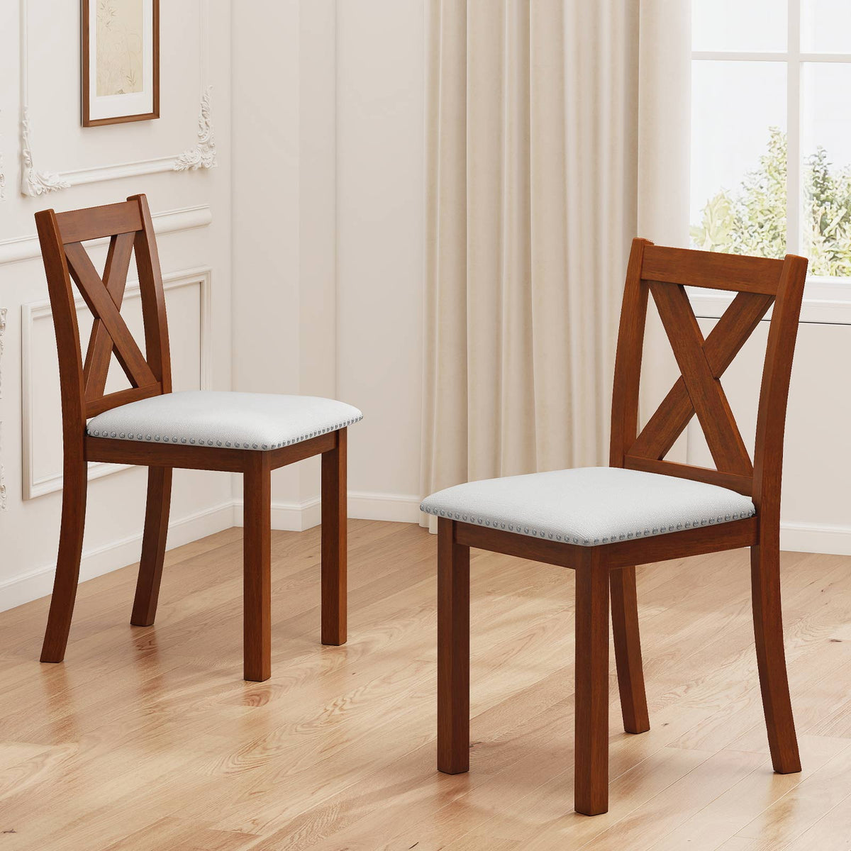Wooden Dining Chair Set of 2 with Padded Seat and Curved Back-Beige-Dining Chairs-DECOROLALA