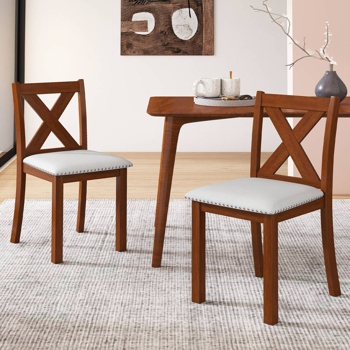 Wooden Dining Chair Set of 2 with Padded Seat and Curved Back-Beige-Dining Chairs-DECOROLALA