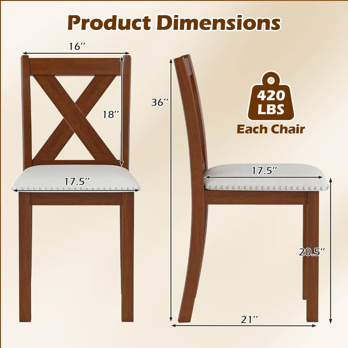 Wooden Dining Chair Set of 2 with Padded Seat and Curved Back-Beige-Dining Chairs-DECOROLALA