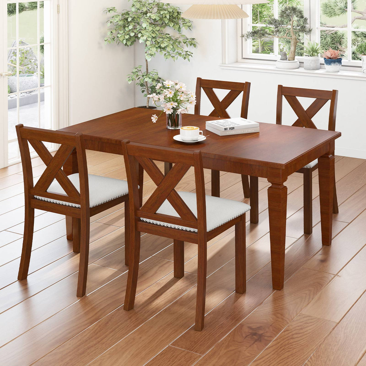 Wooden Dining Chair Set of 2 with Padded Seat and Curved Back-Beige-Dining Chairs-DECOROLALA