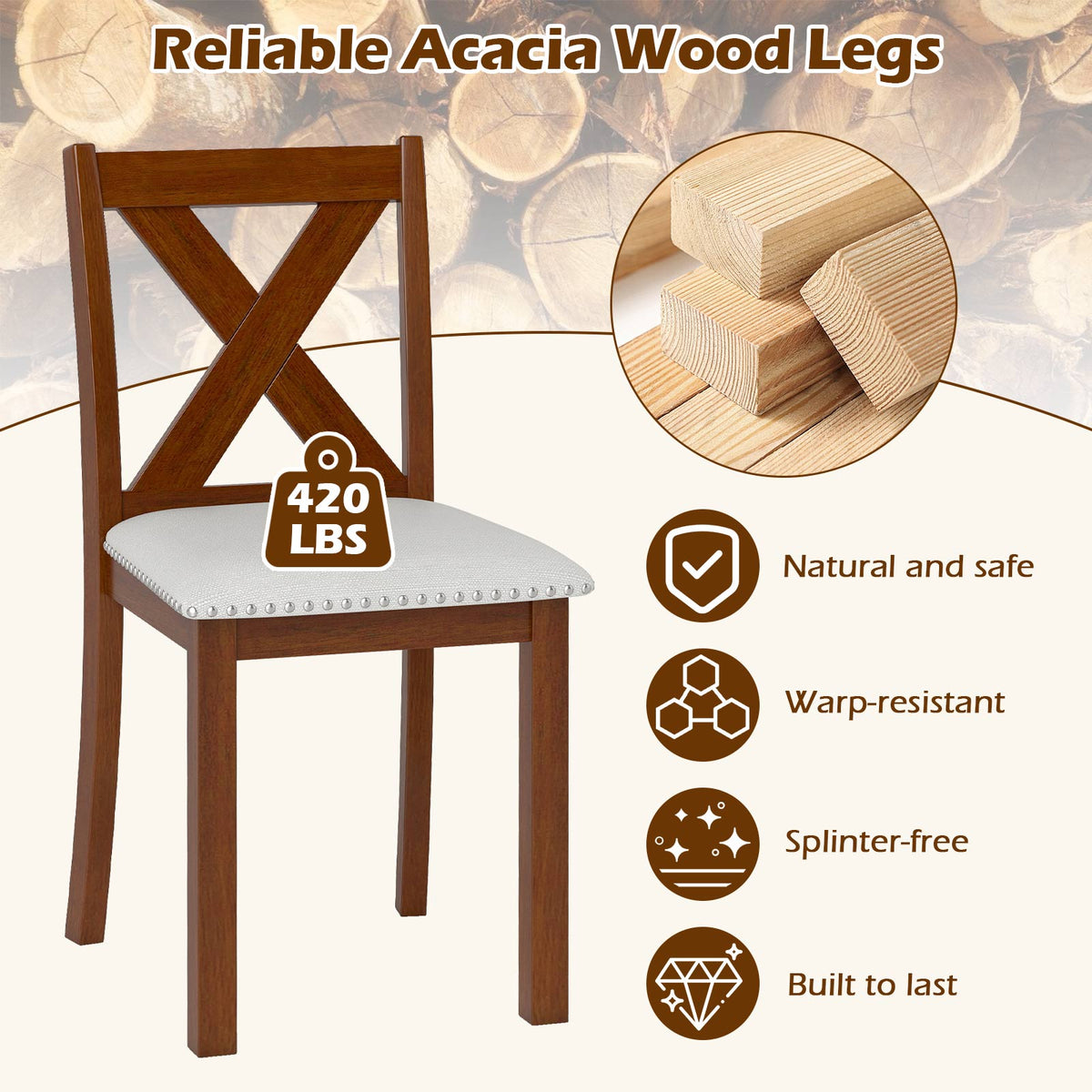 Wooden Dining Chair Set of 2 with Padded Seat and Curved Back-Beige-Dining Chairs-DECOROLALA