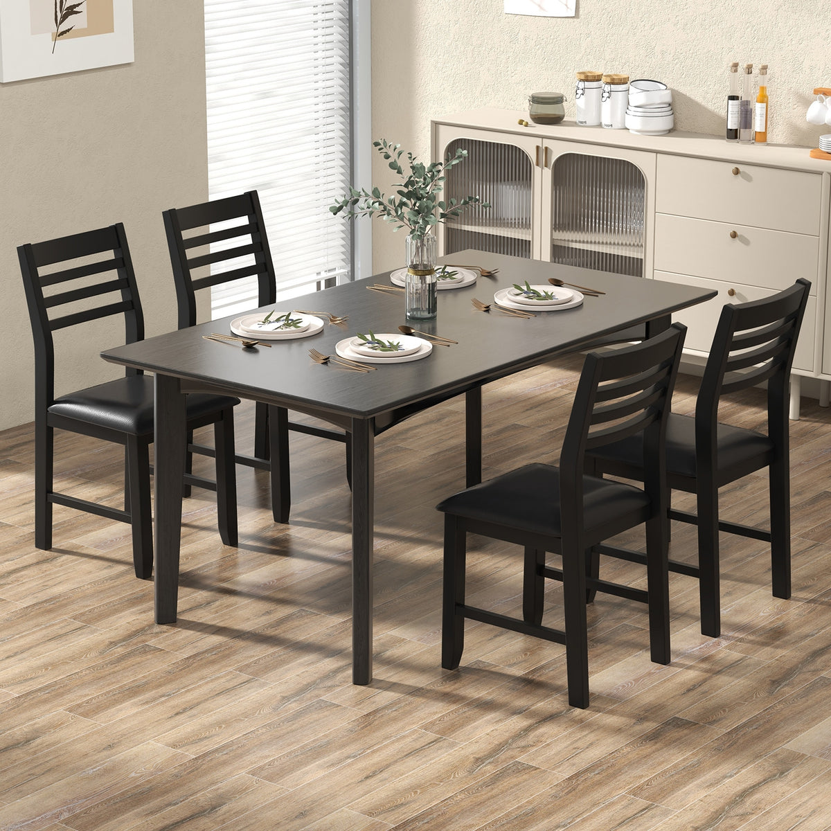 Wooden Dining Chair Set of 2 with Rubber Wood Frame Padded Cushion and Ladder Back-Black-Dining Chairs-DECOROLALA