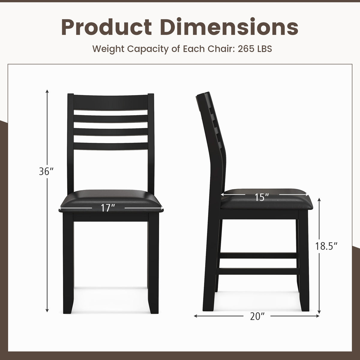 Wooden Dining Chair Set of 2 with Rubber Wood Frame Padded Cushion and Ladder Back-Black-Dining Chairs-DECOROLALA