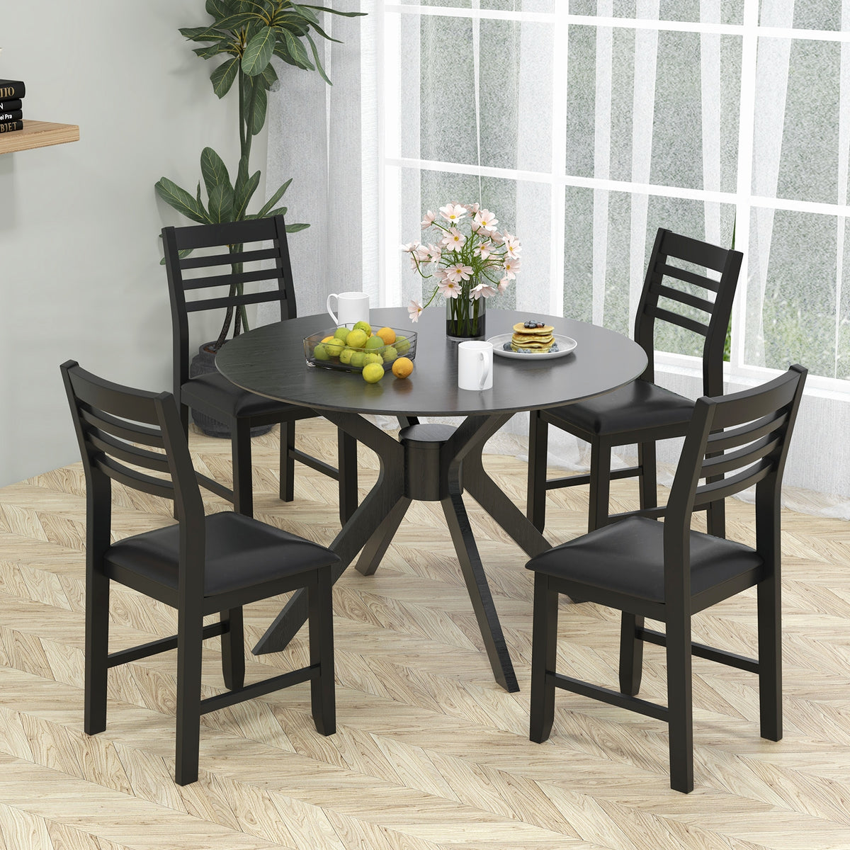 Wooden Dining Chair Set of 2 with Rubber Wood Frame Padded Cushion and Ladder Back-Black-Dining Chairs-DECOROLALA