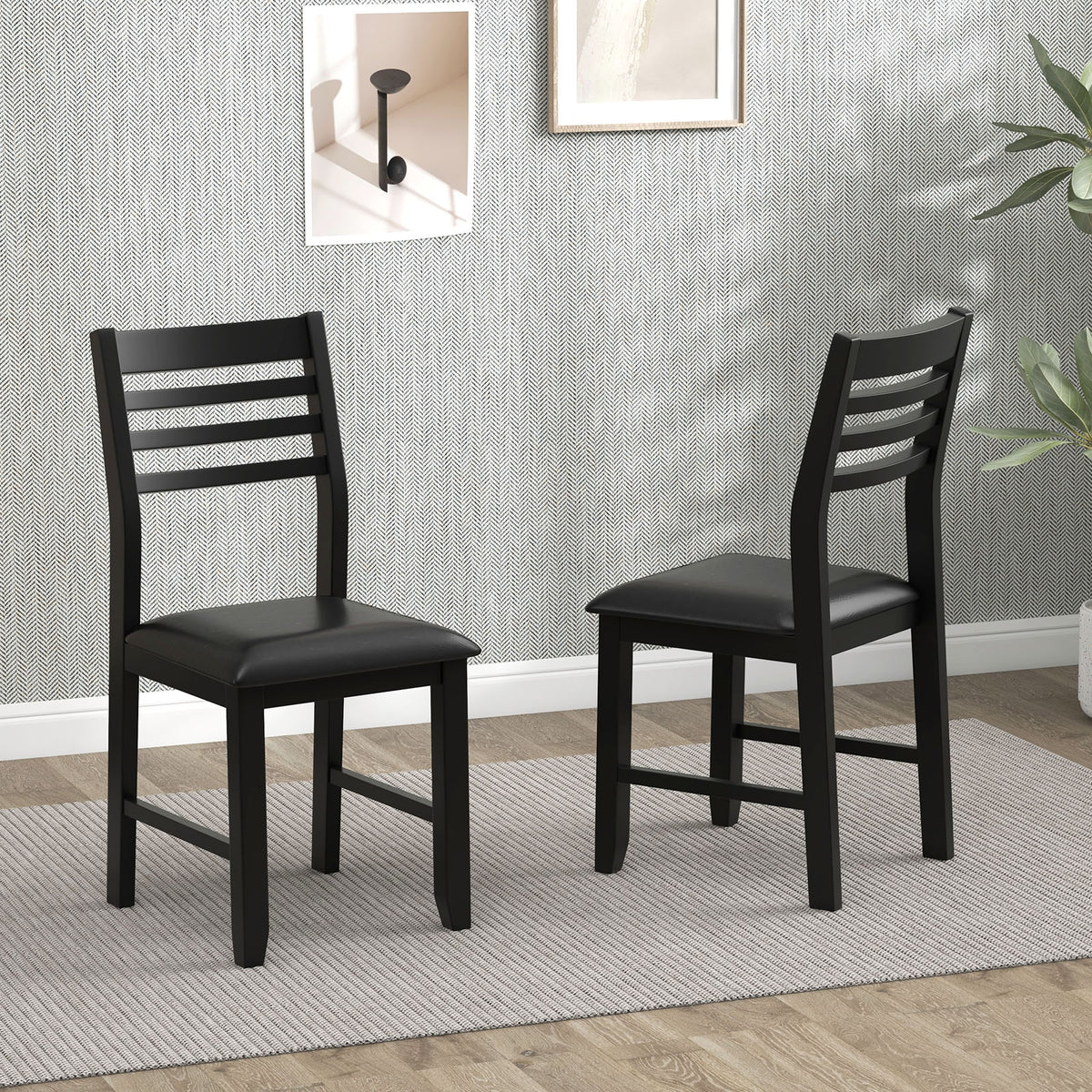 Wooden Dining Chair Set of 2 with Rubber Wood Frame Padded Cushion and Ladder Back-Black-Dining Chairs-DECOROLALA