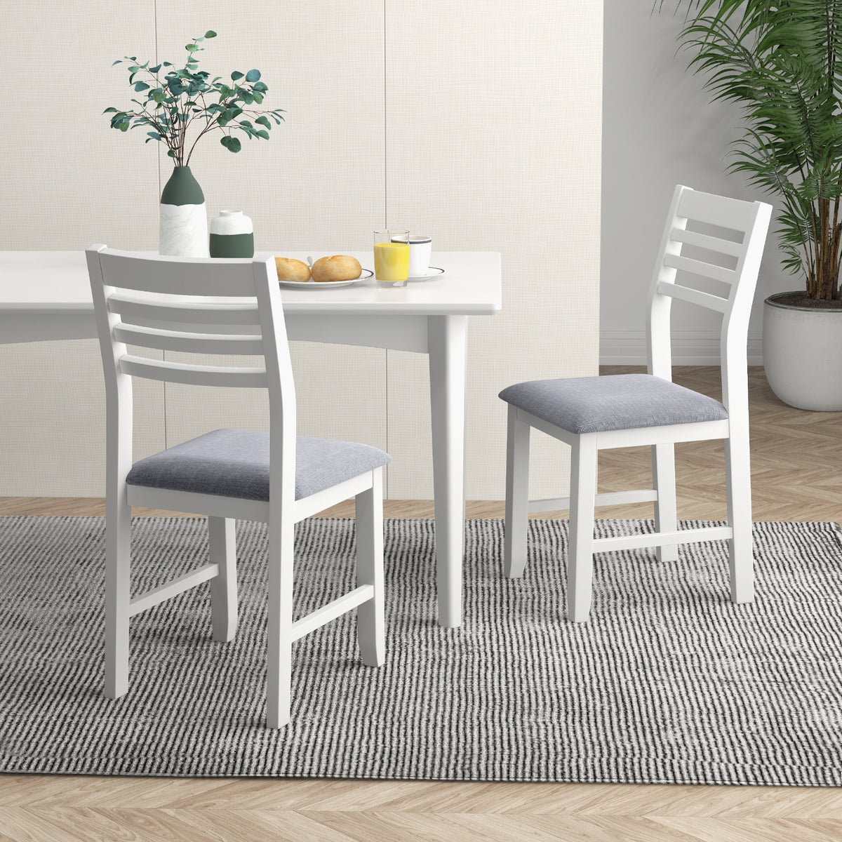 Wooden Dining Chair Set of 2 with Rubber Wood Frame Padded Cushion and Ladder Back-White-Dining Chairs-DECOROLALA
