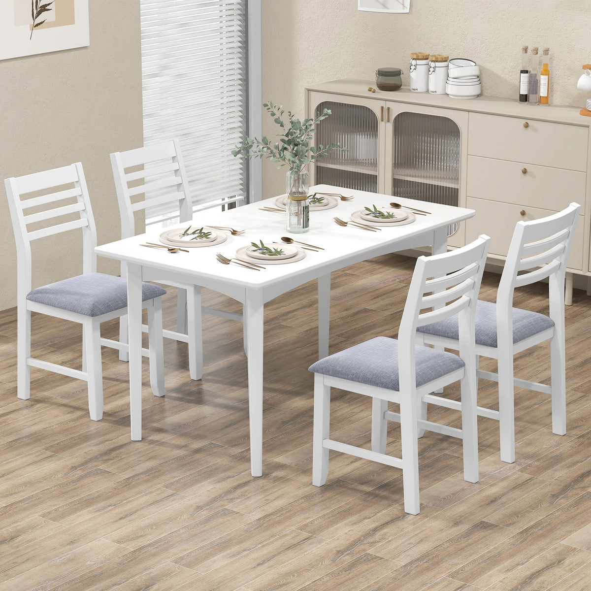 Wooden Dining Chair Set of 2 with Rubber Wood Frame Padded Cushion and Ladder Back-White-Dining Chairs-DECOROLALA