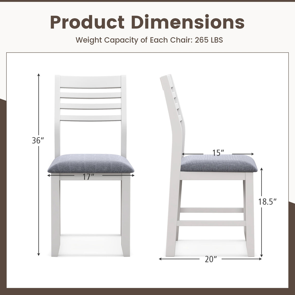 Wooden Dining Chair Set of 2 with Rubber Wood Frame Padded Cushion and Ladder Back-White-Dining Chairs-DECOROLALA