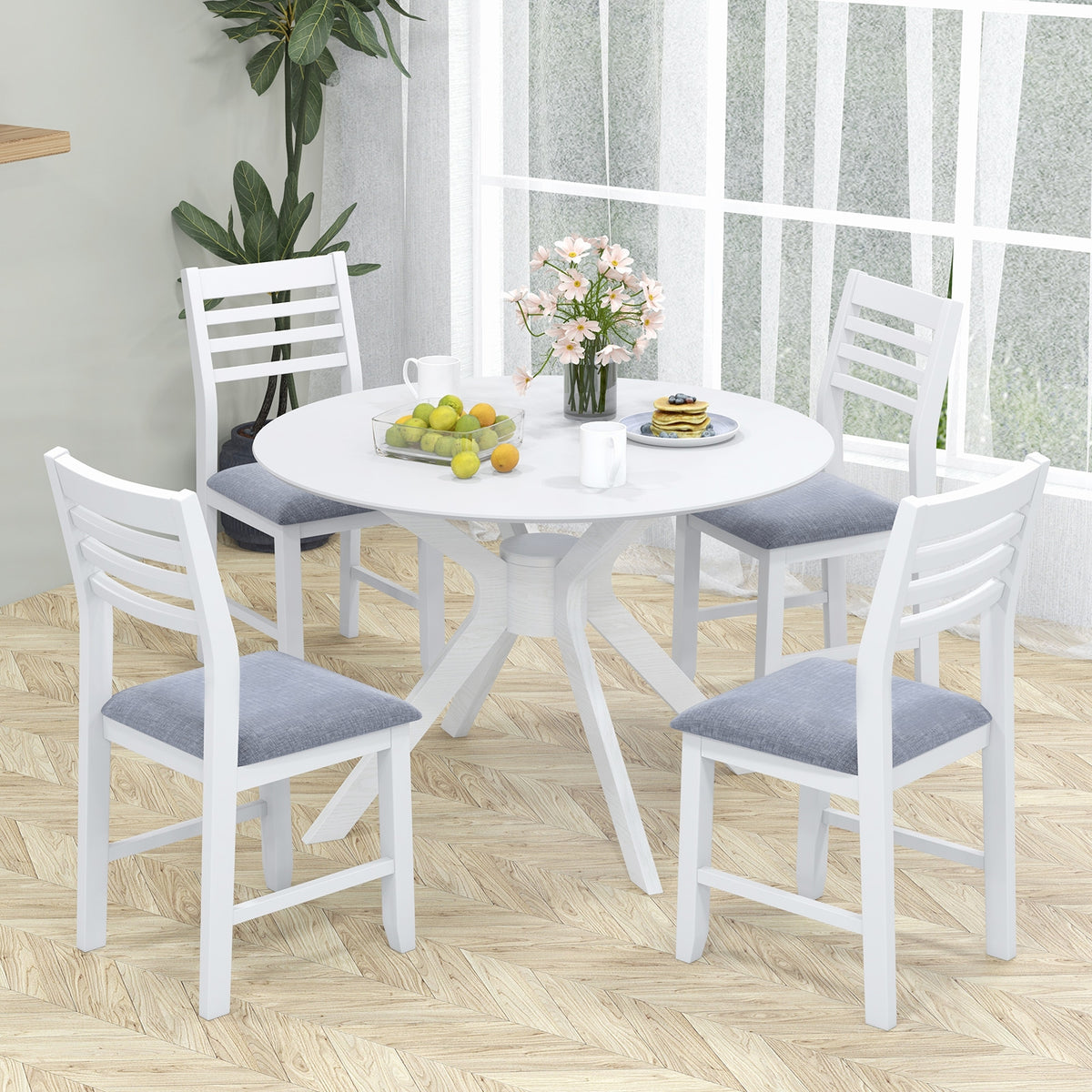 Wooden Dining Chair Set of 2 with Rubber Wood Frame Padded Cushion and Ladder Back-White-Dining Chairs-DECOROLALA