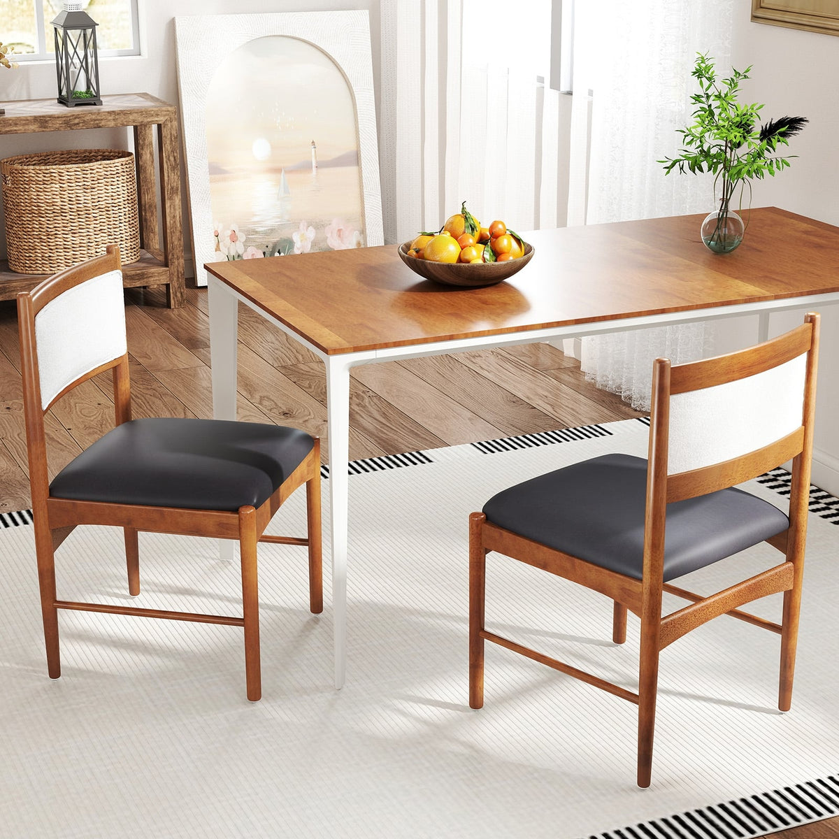 Wooden Dining Chair Set of 2 with Rubber Wood Frame and Faux Sherpa Backrest-Walnut-Dining Chairs-DECOROLALA