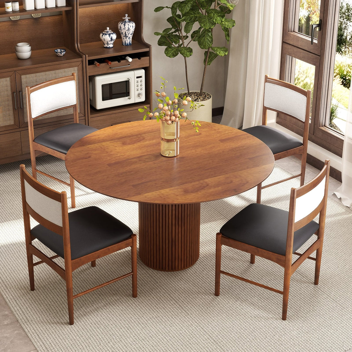 Wooden Dining Chair Set of 2 with Rubber Wood Frame and Faux Sherpa Backrest-Walnut-Dining Chairs-DECOROLALA