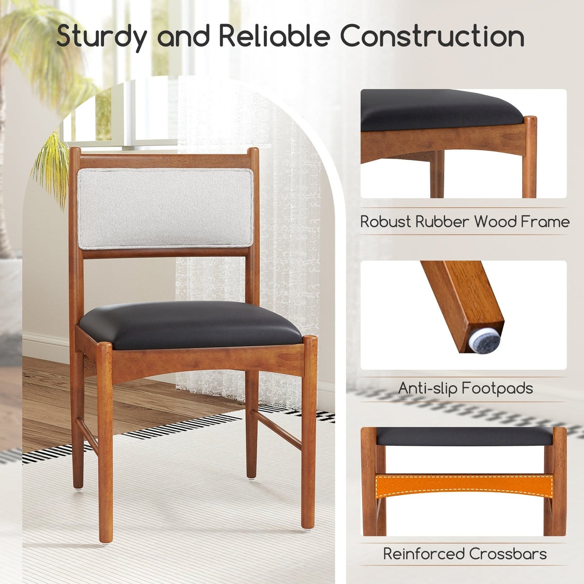 Wooden Dining Chair Set of 2 with Rubber Wood Frame and Faux Sherpa Backrest-Walnut-Dining Chairs-DECOROLALA