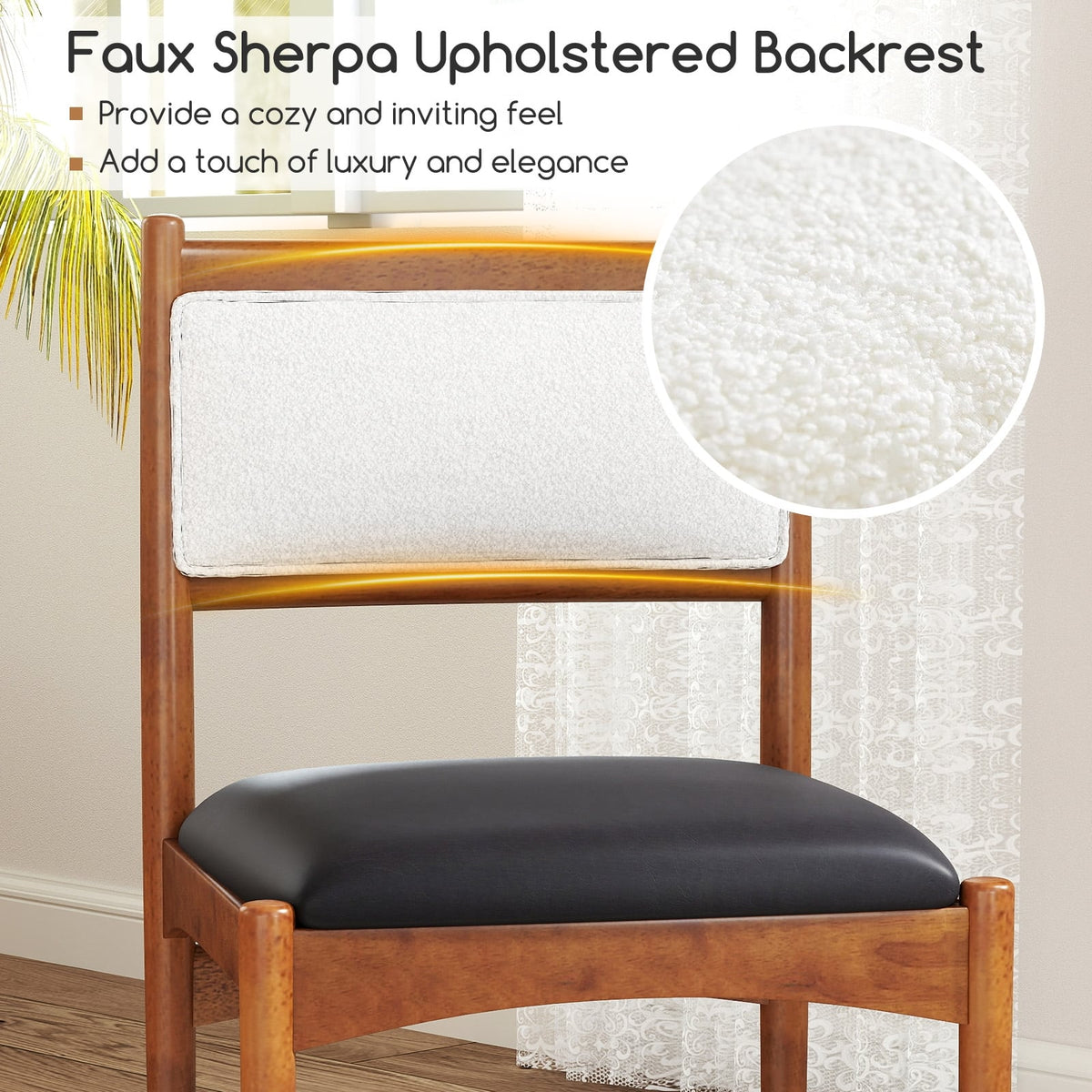 Wooden Dining Chair Set of 2 with Rubber Wood Frame and Faux Sherpa Backrest-Walnut-Dining Chairs-DECOROLALA