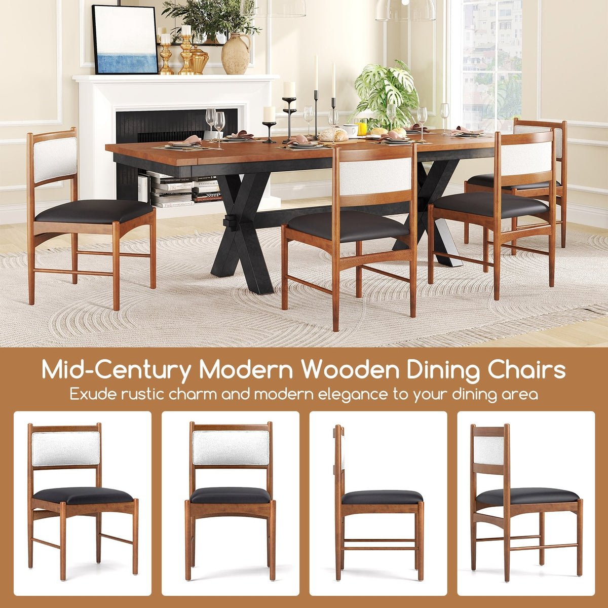 Wooden Dining Chair Set of 2 with Rubber Wood Frame and Faux Sherpa Backrest-Walnut-Dining Chairs-DECOROLALA