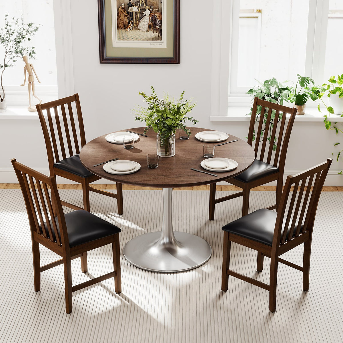 Wooden Dining Chair Set of 2 with Rubber Wood Frame and Padded Seat-Brown-Dining Chairs-DECOROLALA
