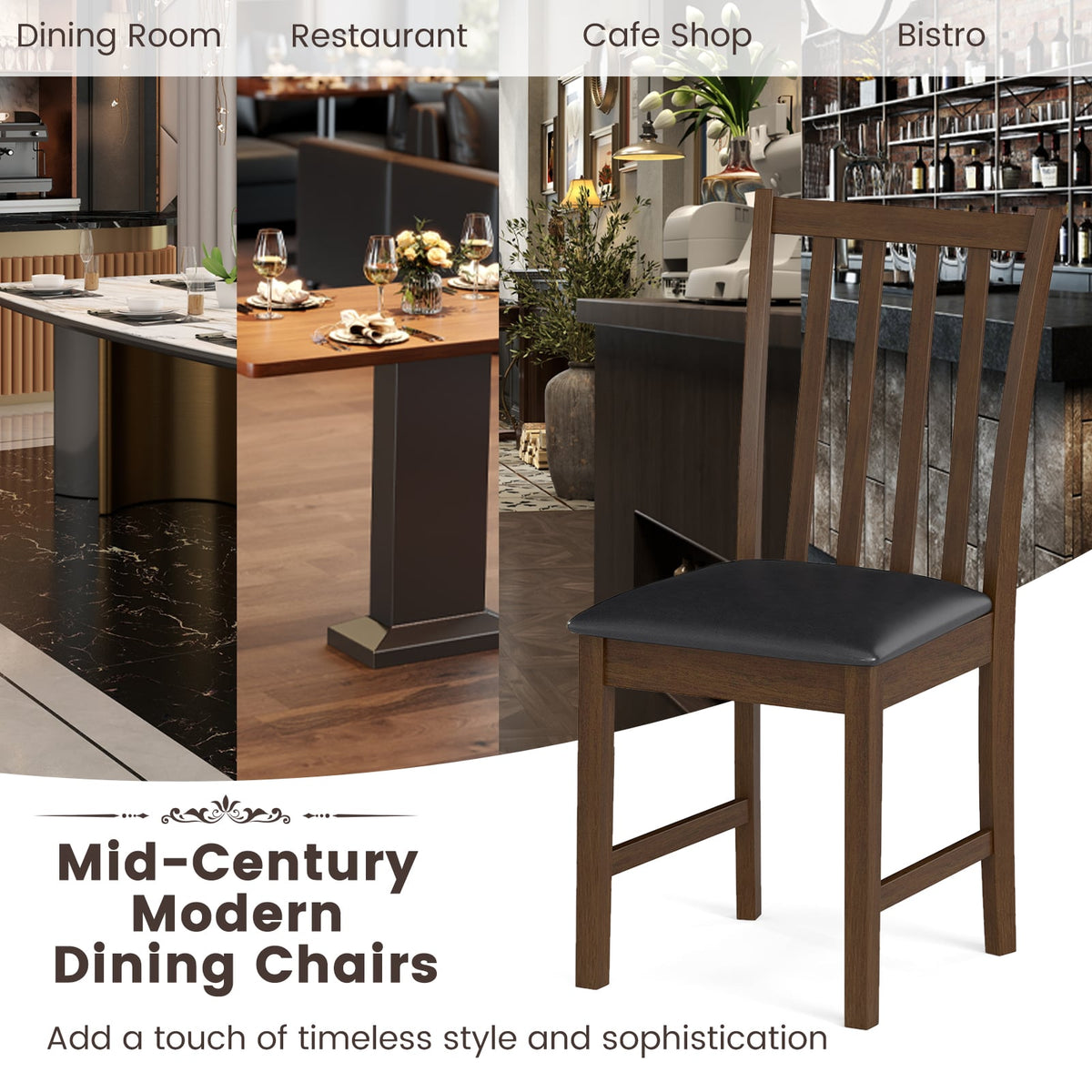 Wooden Dining Chair Set of 2 with Rubber Wood Frame and Padded Seat-Brown-Dining Chairs-DECOROLALA