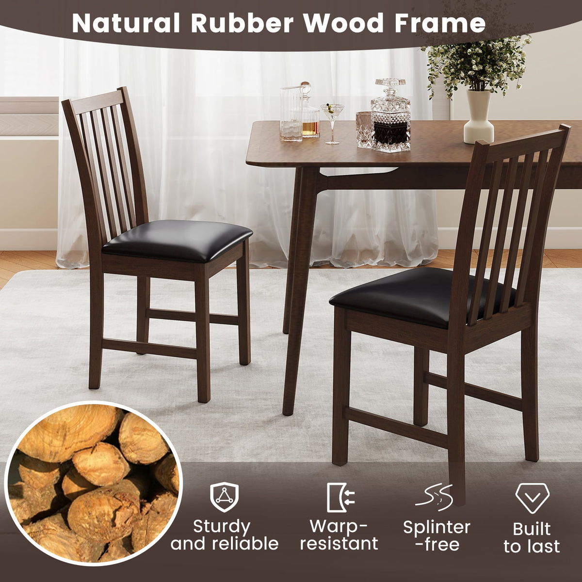 Wooden Dining Chair Set of 2 with Rubber Wood Frame and Padded Seat-Brown-Dining Chairs-DECOROLALA