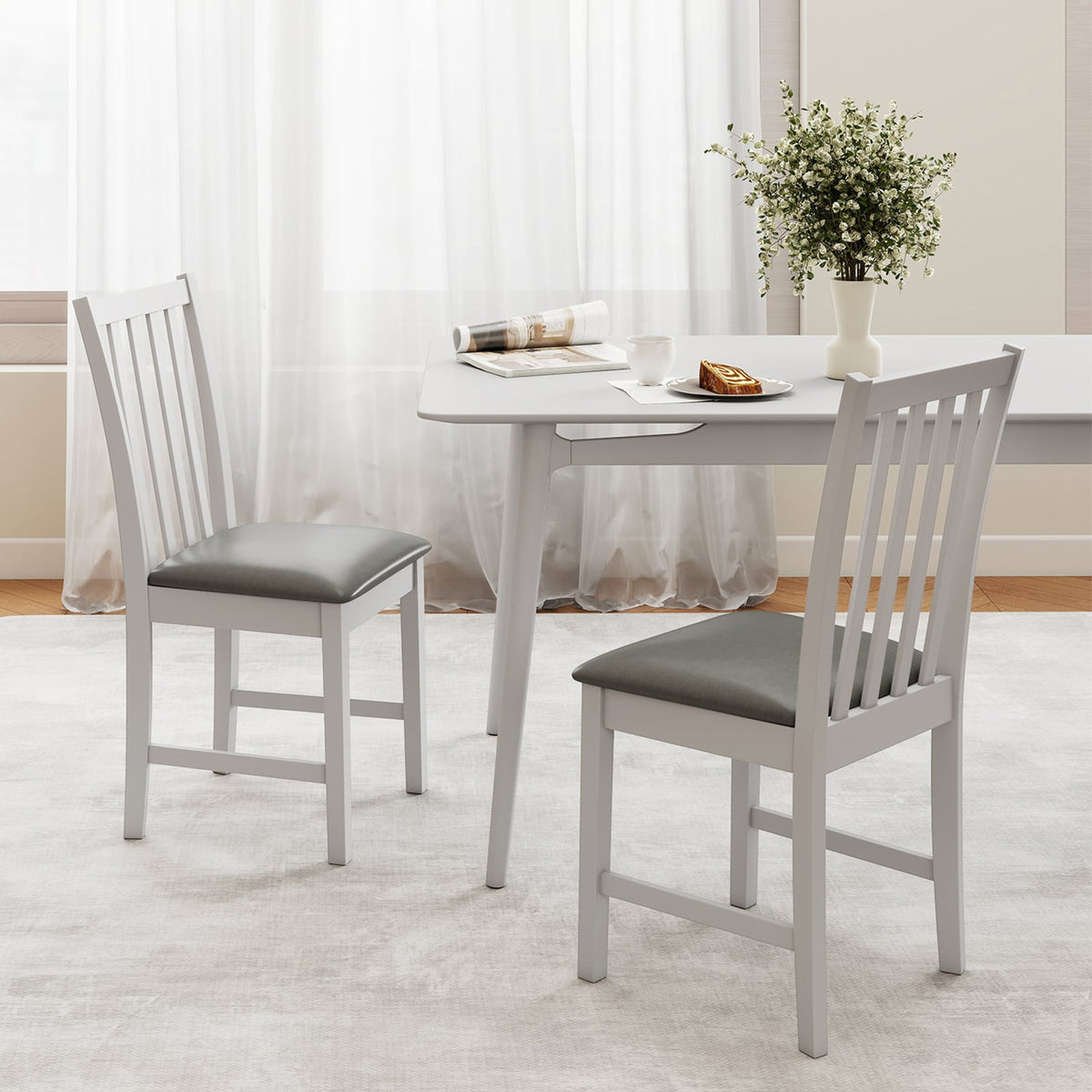 Wooden Dining Chair Set of 2 with Rubber Wood Frame and Padded Seat-White-Dining Chairs-DECOROLALA