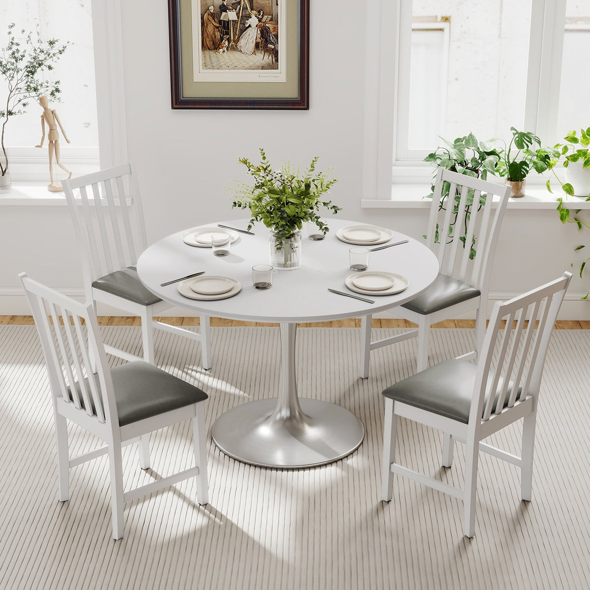 Wooden Dining Chair Set of 2 with Rubber Wood Frame and Padded Seat-White-Dining Chairs-DECOROLALA