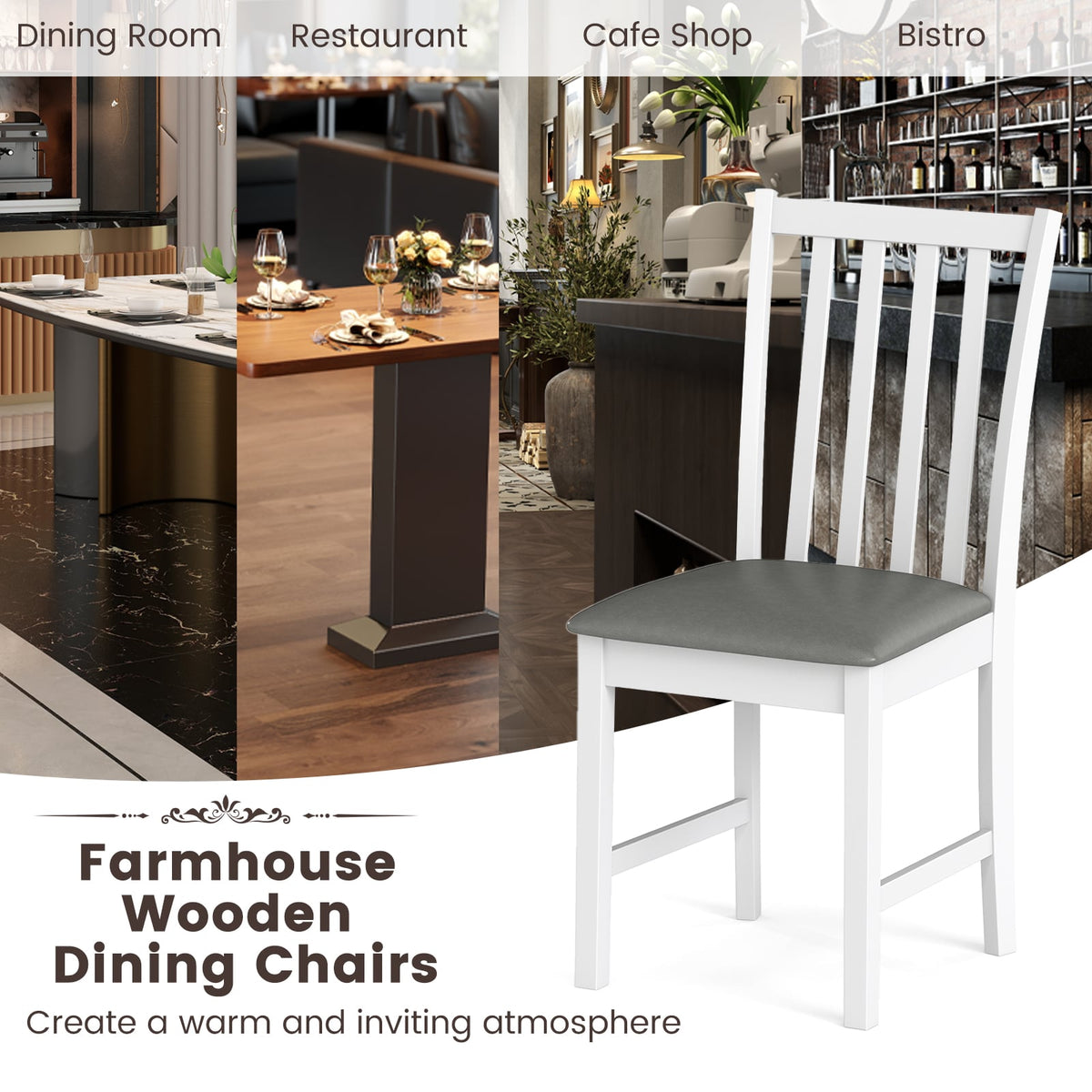 Wooden Dining Chair Set of 2 with Rubber Wood Frame and Padded Seat-White-Dining Chairs-DECOROLALA