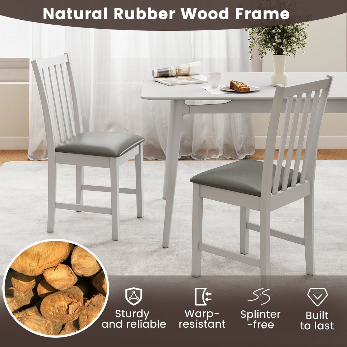 Wooden Dining Chair Set of 2 with Rubber Wood Frame and Padded Seat-White-Dining Chairs-DECOROLALA
