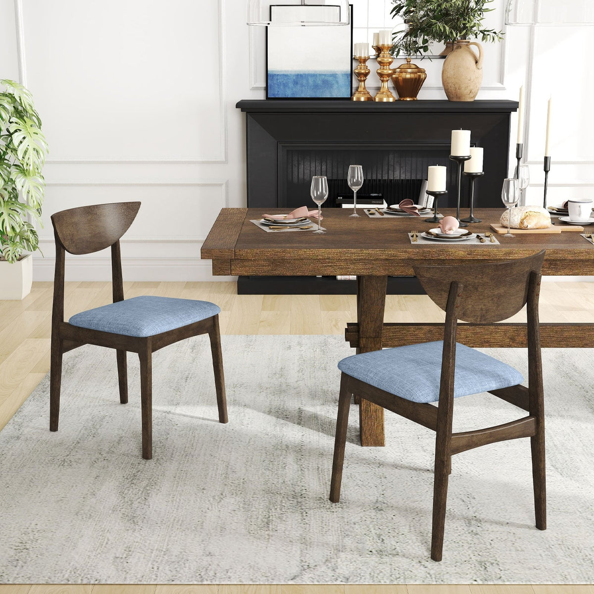 Wooden Dining Chair Set of 2 with Rubber Wood Leg-Brown-Dining Chairs-DECOROLALA