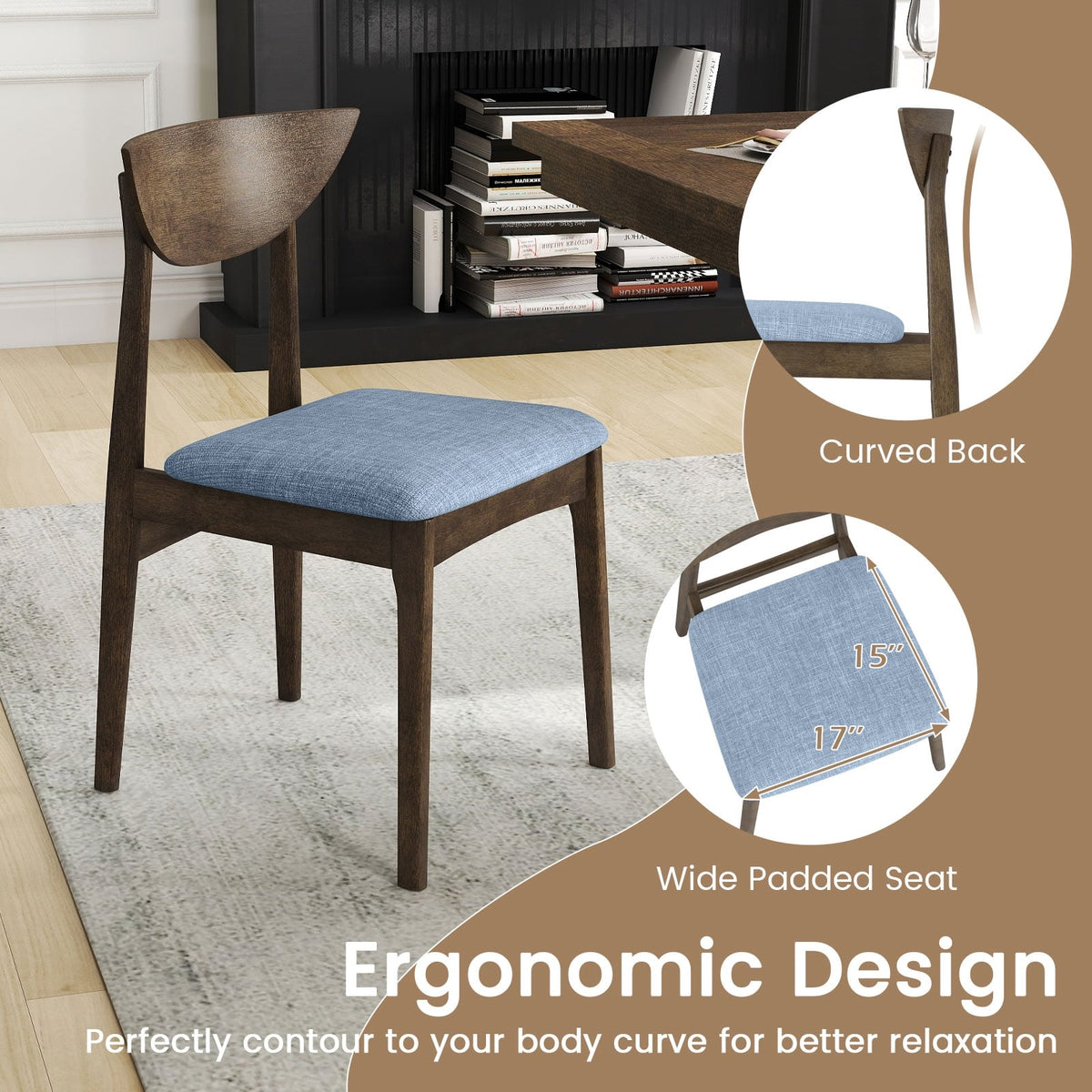 Wooden Dining Chair Set of 2 with Rubber Wood Leg-Brown-Dining Chairs-DECOROLALA