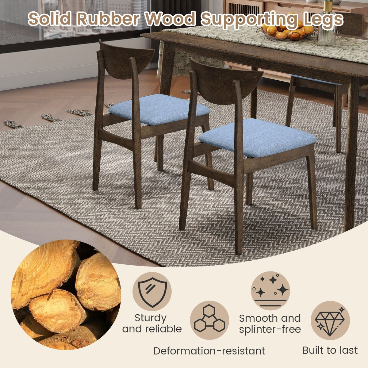 Wooden Dining Chair Set of 2 with Rubber Wood Leg-Brown-Dining Chairs-DECOROLALA
