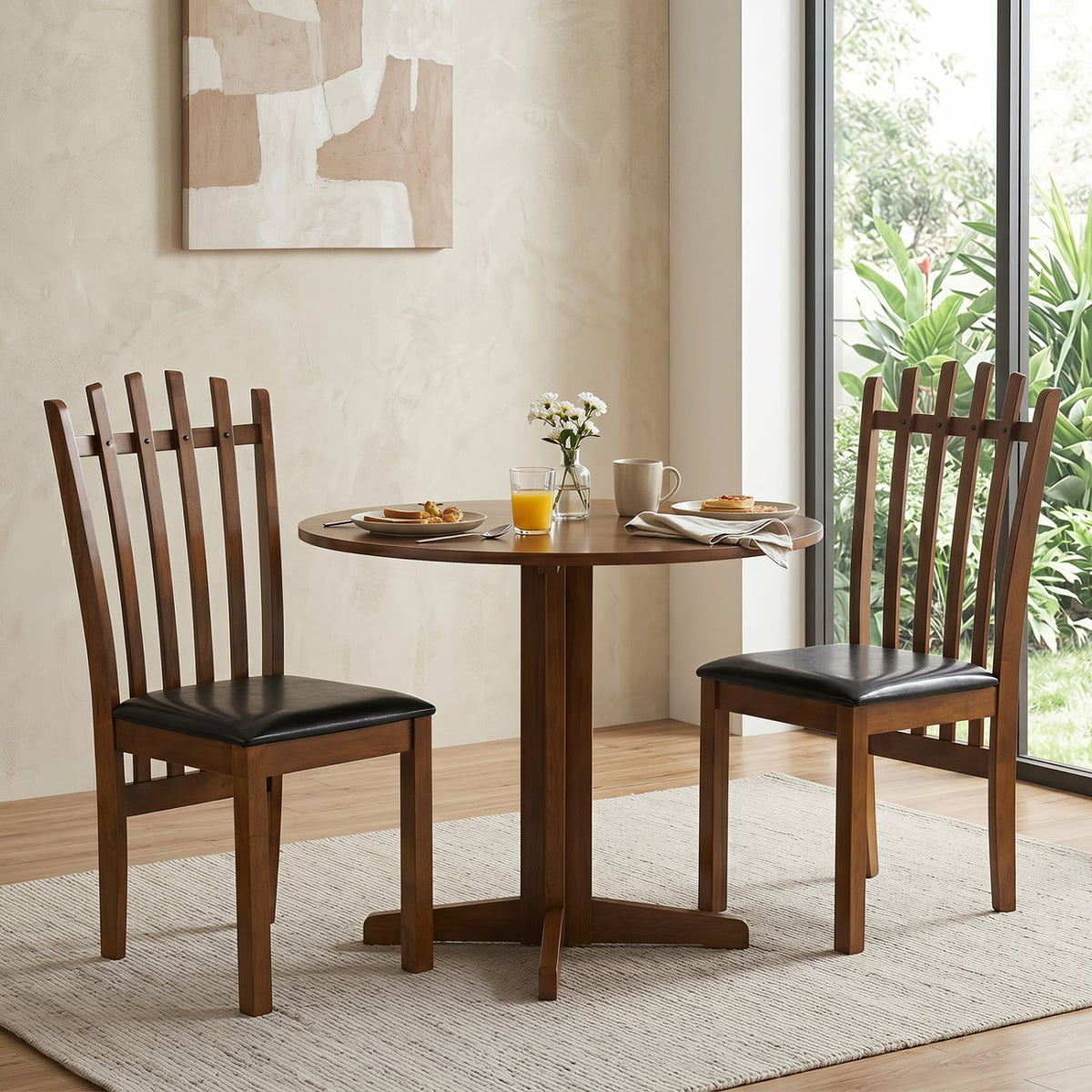 Wooden Dining Chair Set of 2 with Spindle Back & PU Leather Seat-Black-Dining Chairs-DECOROLALA