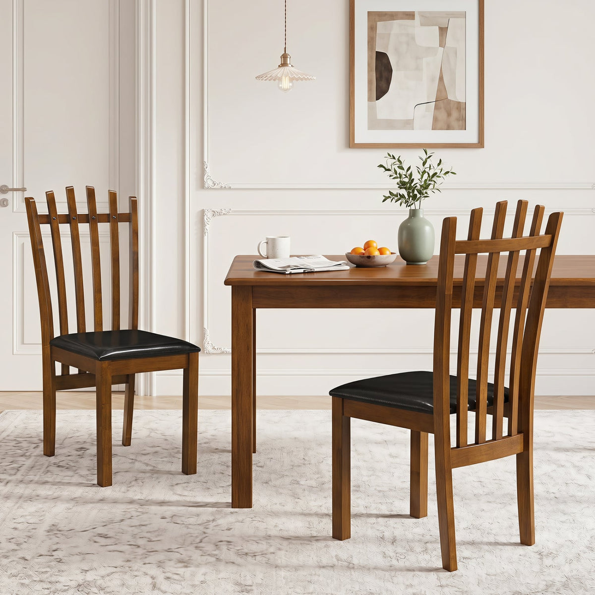 Wooden Dining Chair Set of 2 with Spindle Back & PU Leather Seat-Black-Dining Chairs-DECOROLALA
