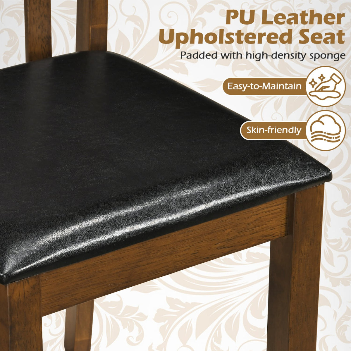 Wooden Dining Chair Set of 2 with Spindle Back & PU Leather Seat-Black-Dining Chairs-DECOROLALA