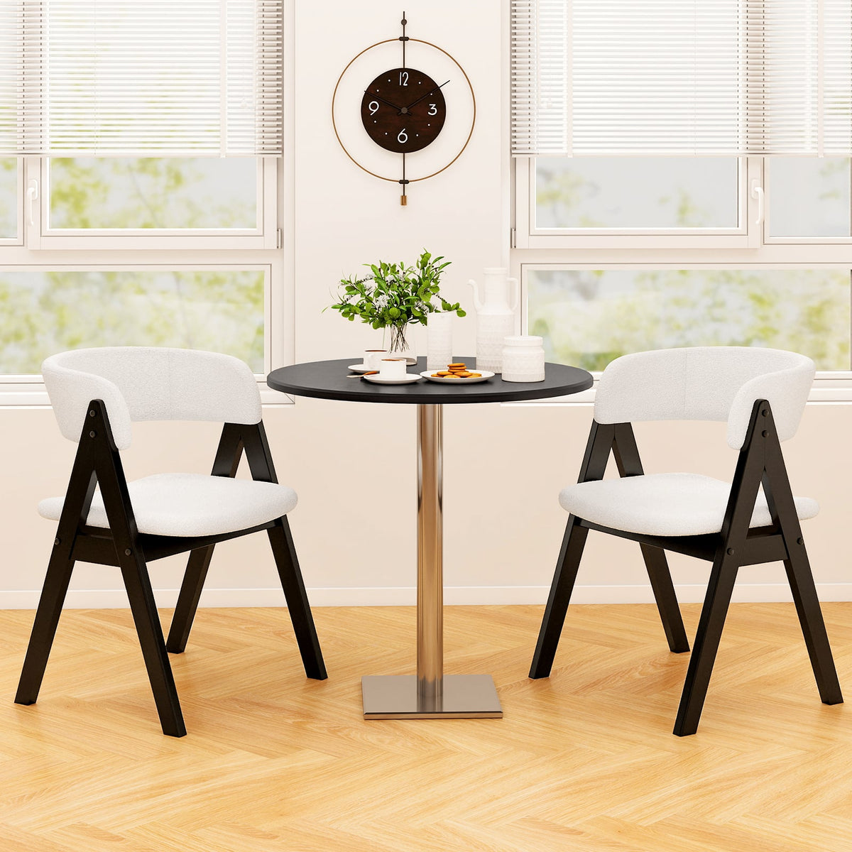 Wooden Dining Chair Set of 4 Mid-Century Modern Sherpa Upholstered Kitchen Dining Room Chairs-Black-Dining Chairs-DECOROLALA