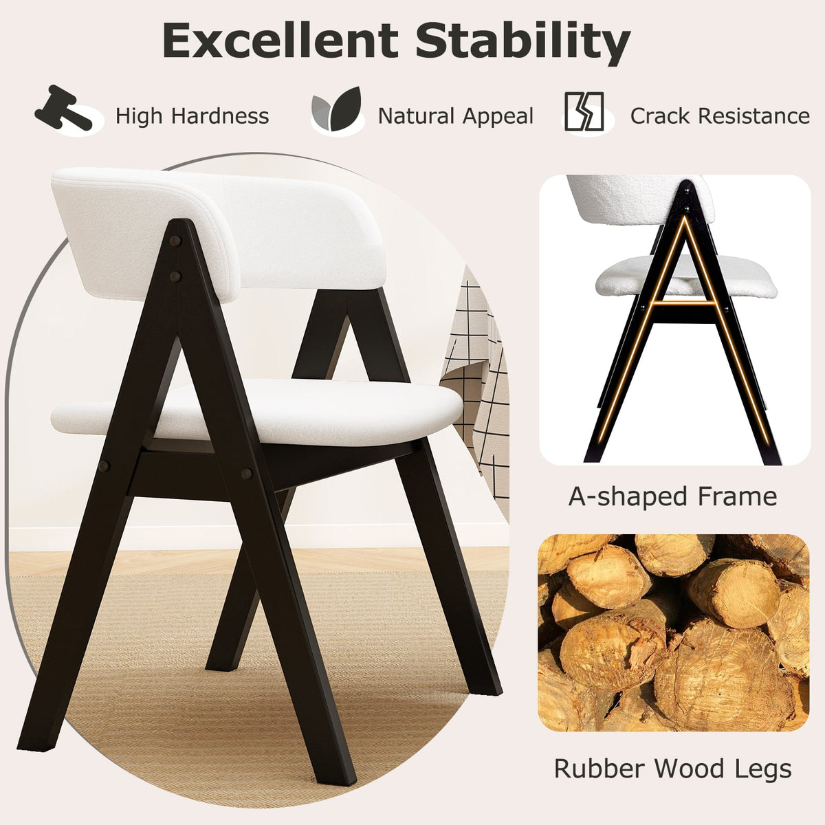 Wooden Dining Chair Set of 4 Mid-Century Modern Sherpa Upholstered Kitchen Dining Room Chairs-Black-Dining Chairs-DECOROLALA