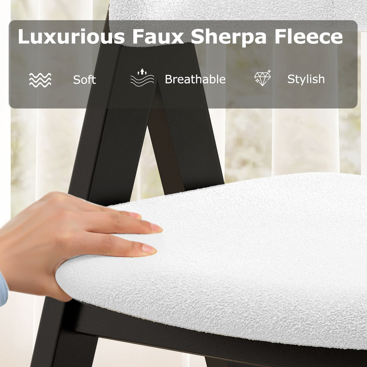 Wooden Dining Chair Set of 4 Mid-Century Modern Sherpa Upholstered Kitchen Dining Room Chairs-Black-Dining Chairs-DECOROLALA