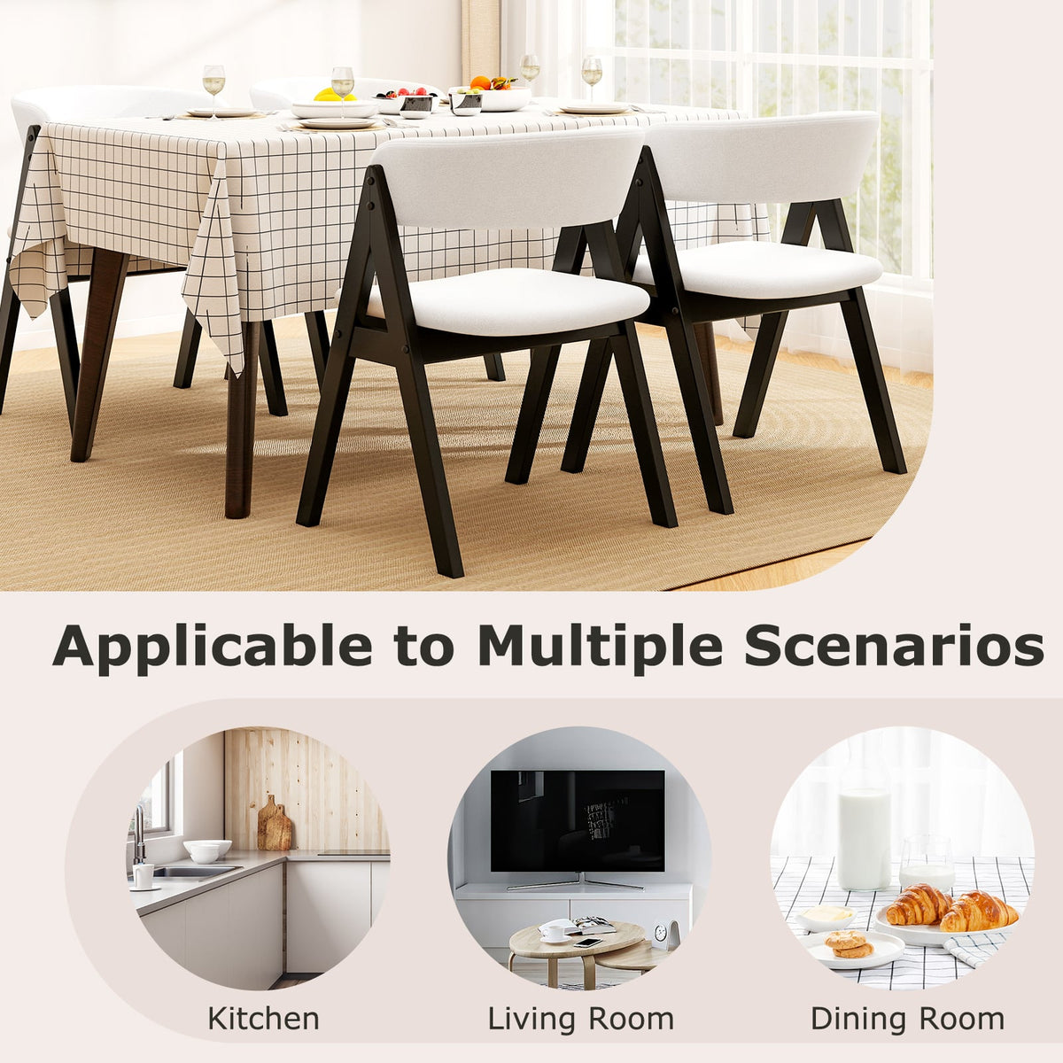 Wooden Dining Chair Set of 4 Mid-Century Modern Sherpa Upholstered Kitchen Dining Room Chairs-Black-Dining Chairs-DECOROLALA