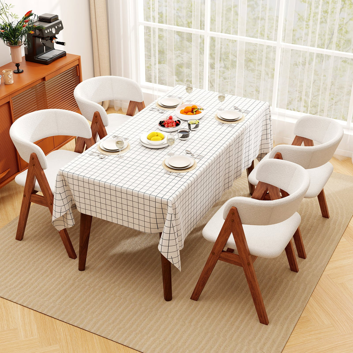 Wooden Dining Chair Set of 4 Mid-Century Modern Sherpa Upholstered Kitchen Dining Room Chairs-Walnut-Dining Chairs-DECOROLALA